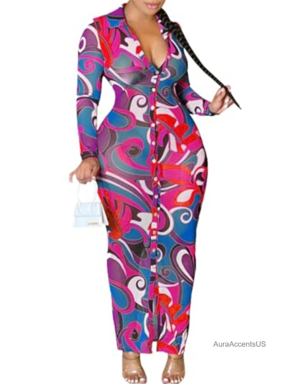 Sheer Mesh Long Sleeve Bodycon Midi Dress Club Night Out Beach Cover Up